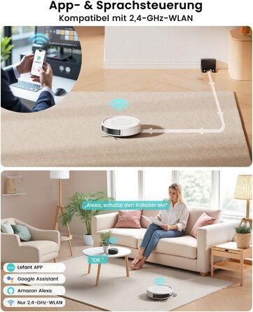 Робот-пилосос LEFANT M310 Ultra: потужність 6000Pa, функція миття, лазерна навігація ToF, уникнення перешкод, керування через додаток та Alexa, захист від заплутування шерсті тварин, для килимів, білий