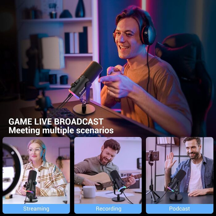Ігровий мікрофон FDUCE з USB/XLR, RGB-підсвічуванням, для стрімінгу, запису подкастів та ігор, з регулятором гучності та навушниками, з кріпленням-павуком (D30)
