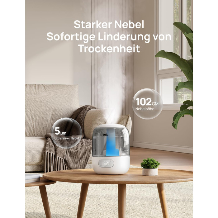 Зволожувач повітря Dreo для спальні, ультразвуковий холодний туман, 30 годин роботи, 3л резервуар, датчик вологості, нічник для дітей, кімнатних рослин та дому (Сірий)