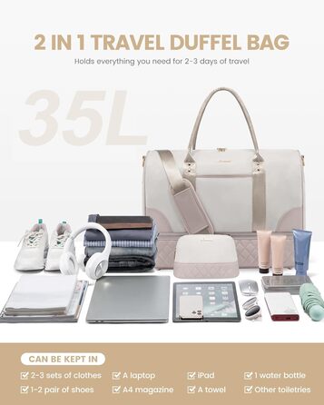 Сумка-мішок LOVEVOOK для подорожей: жіноча дорожня сумка-мішок з відділенням для взуття та мокрих речей, 2 шт. (35л, Beige & Khaki)