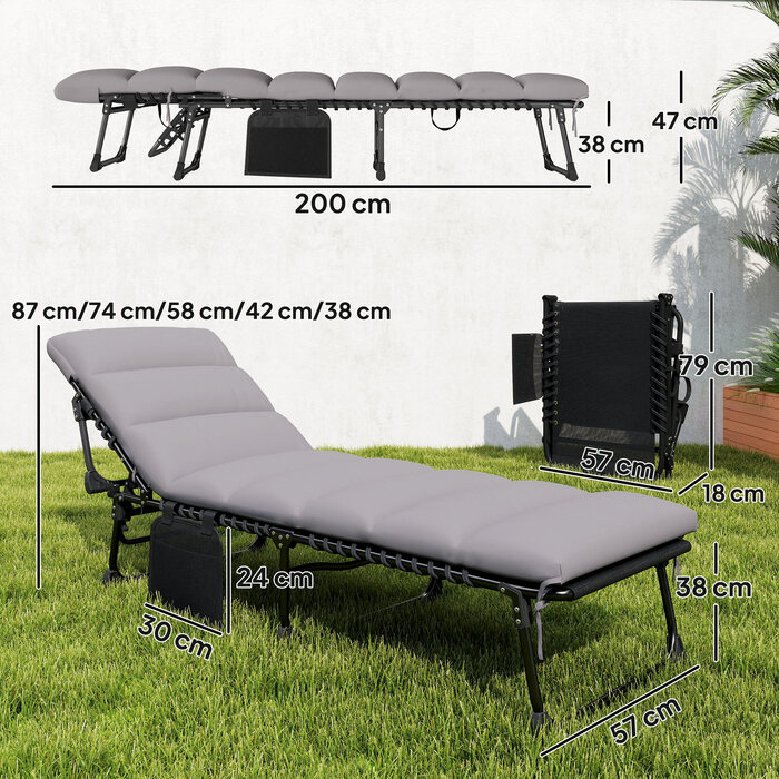 Зручний складаний шезлонг для саду з регульованою спинкою (5 положень), м'яким матрацом та підголівником.