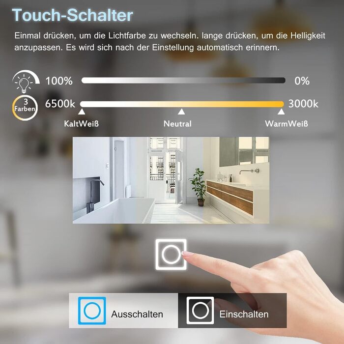 Дзеркало для ванної кімнати LISA LED 80x60 см з підсвічуванням, розеткою та годинником. Сенсорне регулювання, 3 кольори світла, антизапар.