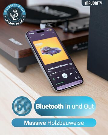 Вініловий програвач Majority Moto Plus з Bluetooth, вбудованими динаміками, USB-записом, касетою преміум-якості, адаптером 45 об/хв та фетровим килимком