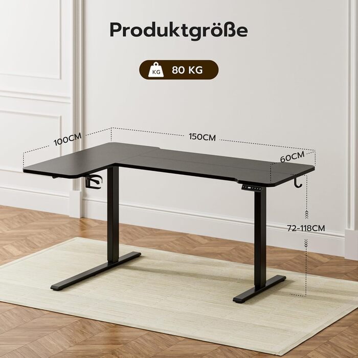 Регульований кутовий стіл Acrolix 150x100 см, електричний, для дому та офісу, чорний