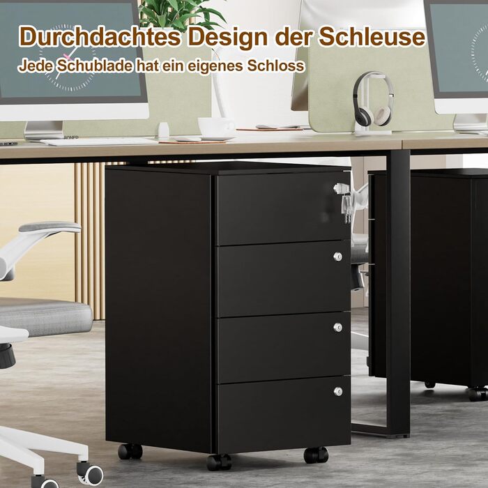 Роликовий контейнер HOMSTEEL з 3 замками, 4 шухлядами, для офісу та дому, білий (44 x 37 x 69.5 см)