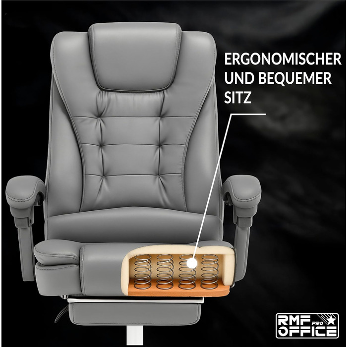 Ергономічне крісло для офісу RMF, регульоване, з підніжкою – зручне та розслаблююче крісло для робочого столу, обертається, регулювання висоти, сіре