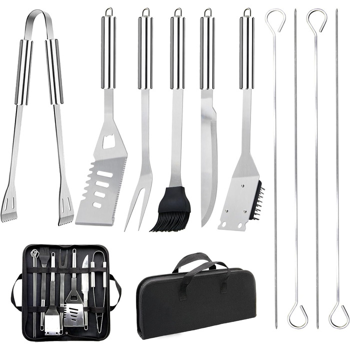 Набір гриля з нержавіючої сталі 28 предметів: повний набір інструментів для гриля, кемпінгу, подарунок на День батька, День народження, Різдво з кейсом