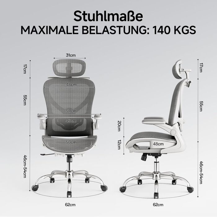 Офісне крісло LarkLeaves з ергономічною спинкою, регульованими підлокітниками, підставкою для попереку та підголівником. Максимальне навантаження 140 кг, сірий колір.