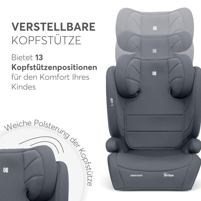 Автокрісло KikkaBoo 15-36 кг i-AID, група 2-3 (3-12 років), 100-150 см, без ISOFIX, регульована підголовник (сірий)
