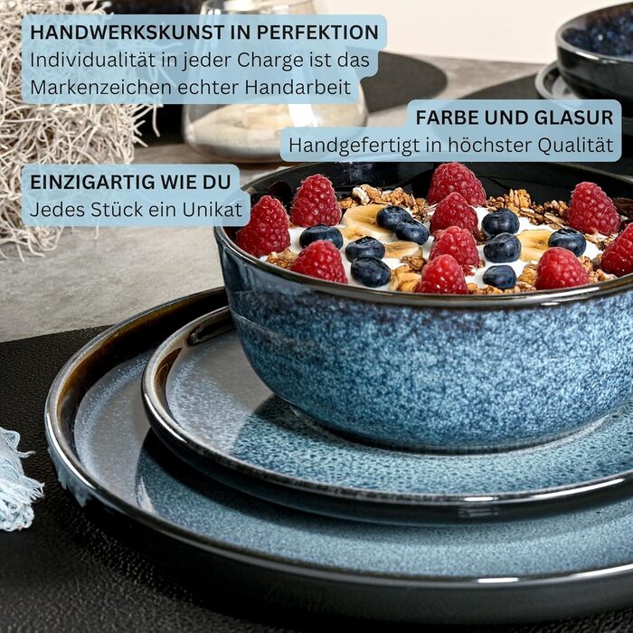 Набір посуду SÄNGER Osaka (18 предметів) | Керамічний набір посуду на 6 осіб: тарілки, миски, десертні тарілки, блакитний колір з чорним бордюром, стійкий до подряпин | VALUE COLLECTION