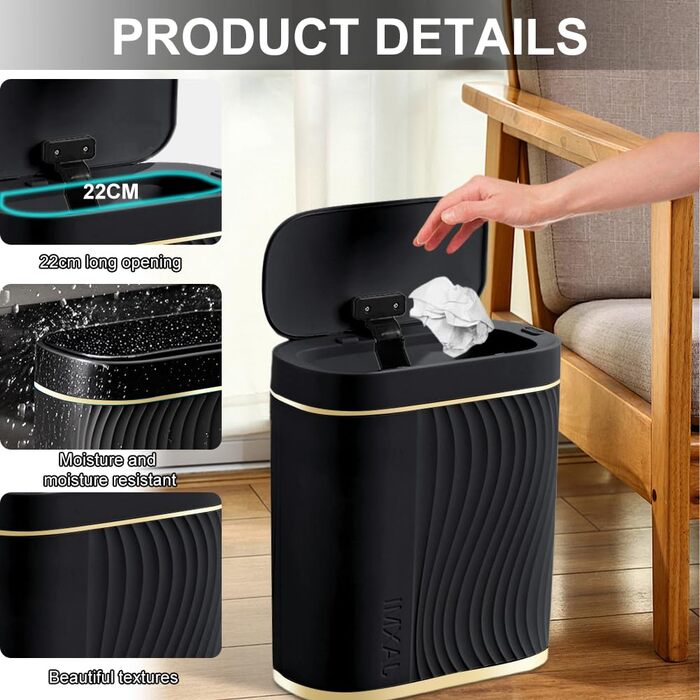 Автоматичний сміттєвий бак Schwarz 8L з сенсором, 8 літрів, чорний - для ванної кімнати, кухні, безшумний, герметичний, з датчиком