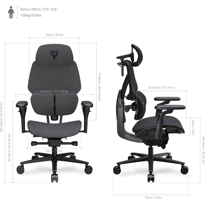 Ігровий крісло ThunderX3 Flex Pro Loft сірого кольору | Ергономічне офісне крісло з тканинною оббивкою, регулювання 19D, 5D підлокітники, механізм SYNC6, дихаюча тканина, для офісу та геймінгу