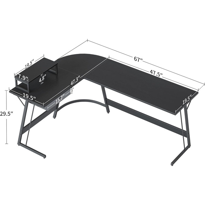 Кутовий письмовий стіл CubiCubi 170x120 см, стійкий, L-подібний, з підставкою для монітора та шухлядами, чорний