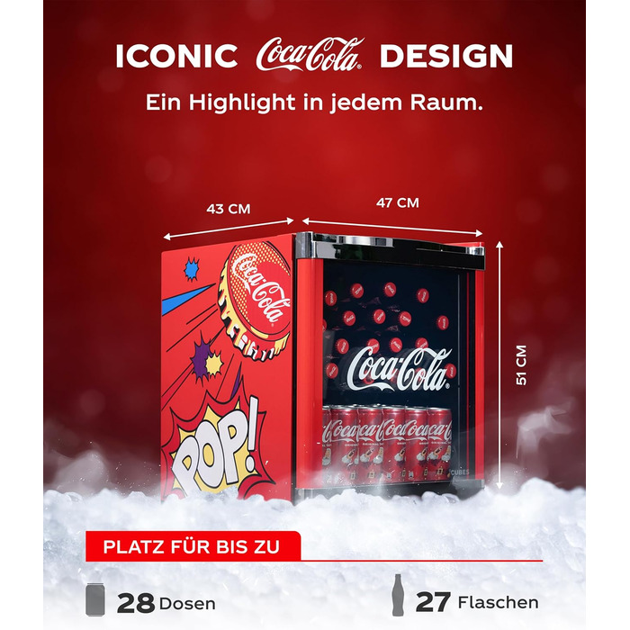 Міні-холодильник для напоїв °CUBES Original Coca-Cola PopArt червоний (48л) з glass-дверцяма, енергоефективний та безшумний — для офісу, геймінгу та вечірок
