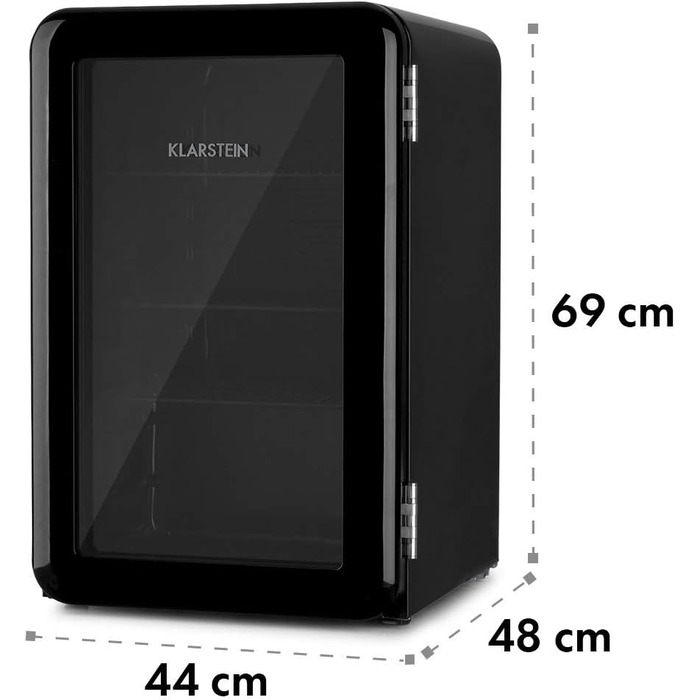 Міні-холодильник Klarstein з дверцятами зі скла, 48 л, для кімнати та офісу, з висувною полицею, тихий, 0-10°C, чорний