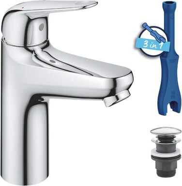 Змішувач для ванної кімнати GROHE Swift, хром, з донним клапаном, 18 см, з інструментом 3в1, економічний, Push-Open