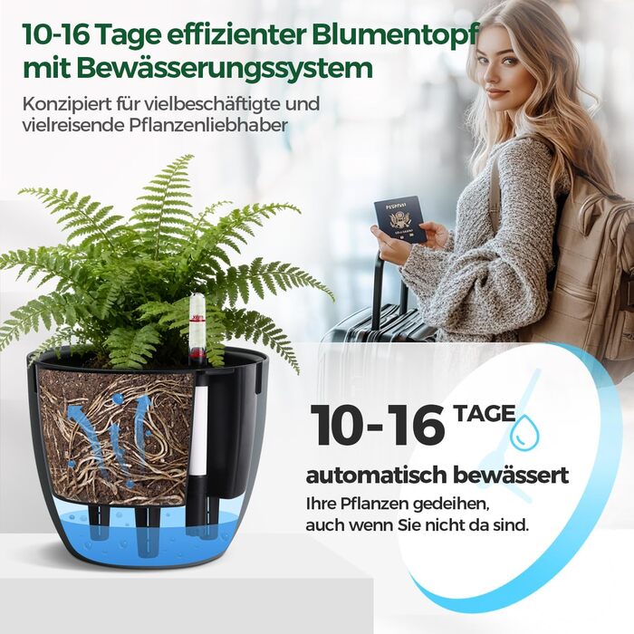 Автоматичний горщик для квітів з індикатором рівня води, 2 шт. - ідеально для зайнятих людей та початківців, підходить для монстери та розмарину (сірий, 17,5 см)