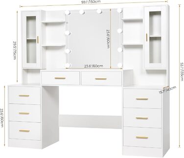 Великий туалетний столик ANWBROAD з LED-підсвіткою (3 кольори), розетками, дзеркалом та 8 висувними ящиками. Сучасний дизайн, колір - білий, розмір 150x135x40 см. Модель BDT67W