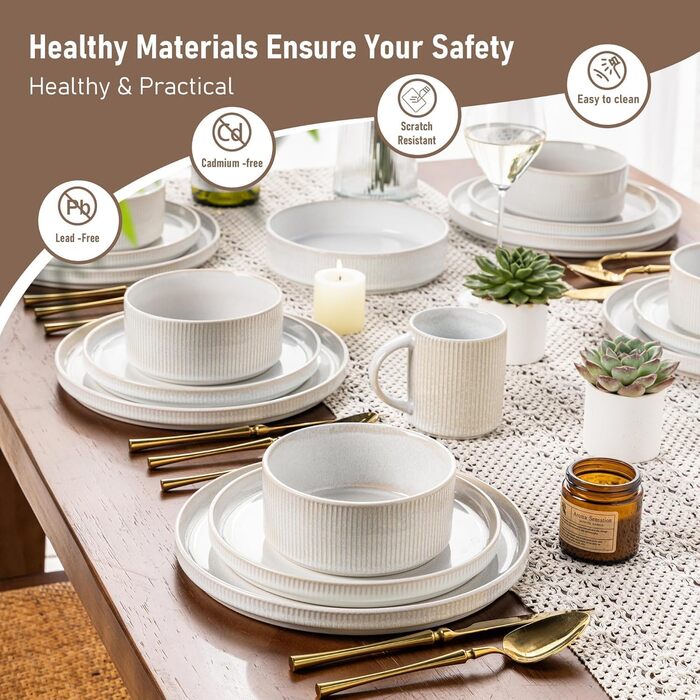 Набір посуду GBhome з каменю, 12 предметів, для 4 осіб, ручна робота, реактивна глазур, безпечний для мікрохвильової печі та посудомийної машини, включає тарілки та миски (Бежевий)