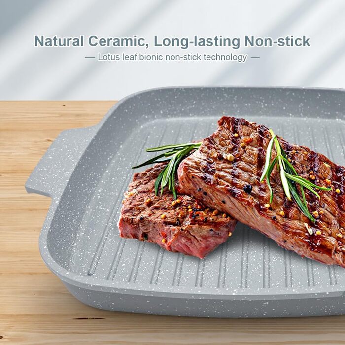 Сковорода-гриль індукційна з кришкою 26 x 24 см, антипригарне покриття кераміка, ручка знімна, для всіх типів плит (Блакитна)