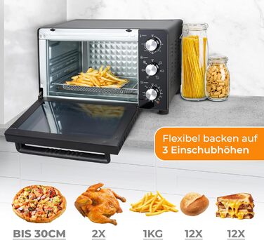 Міні-піч Klamer з конвекцією (30 літрів), 6 режимів випікання, 70-230°C, таймер 120 хв, з поворотним шампуром, грати для гриля, дека для крихт, 1500 Вт, піца Ø30см, чорний