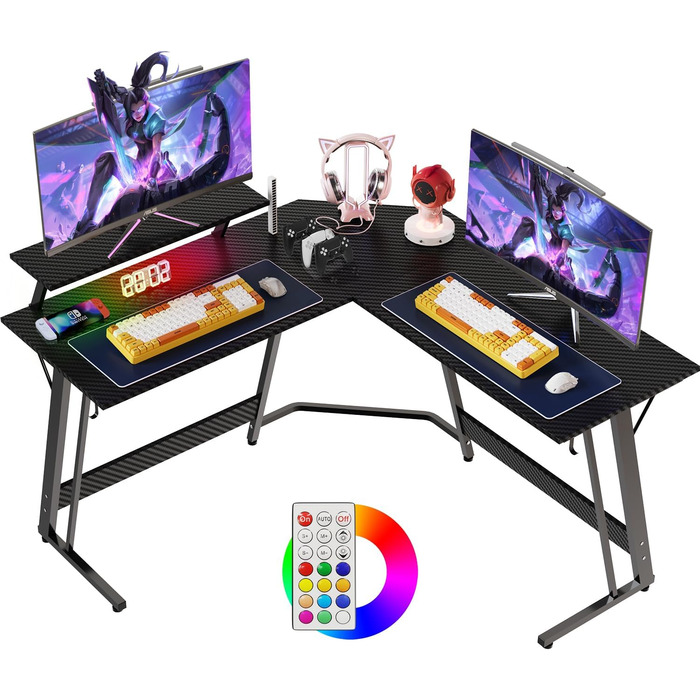 Ігровий кутовий стіл Devoko 130x130 см з LED RGB-підсвічуванням, підставкою для монітора та гачком для навушників, карбоновий білий колір
