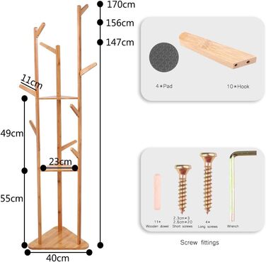 Стенд для одягу Unho з бамбука, 8 гачків, 3 полиці, для прихожей, офісу, спальні, кімнати очікування, для одягу, капелюхів, сумок