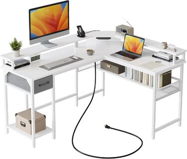 Комп'ютерний стіл CubiCubi L-подібний з розеткою, великий кутовий офісний стіл, коричневий (148 x 120 см) з LED підсвіткою
