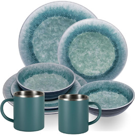 Набір посуду Melamin Adria Blue (2 особи) з нержавіючими термокружками - посуд для кемпінгу, відпочинку на природі, фестивалів