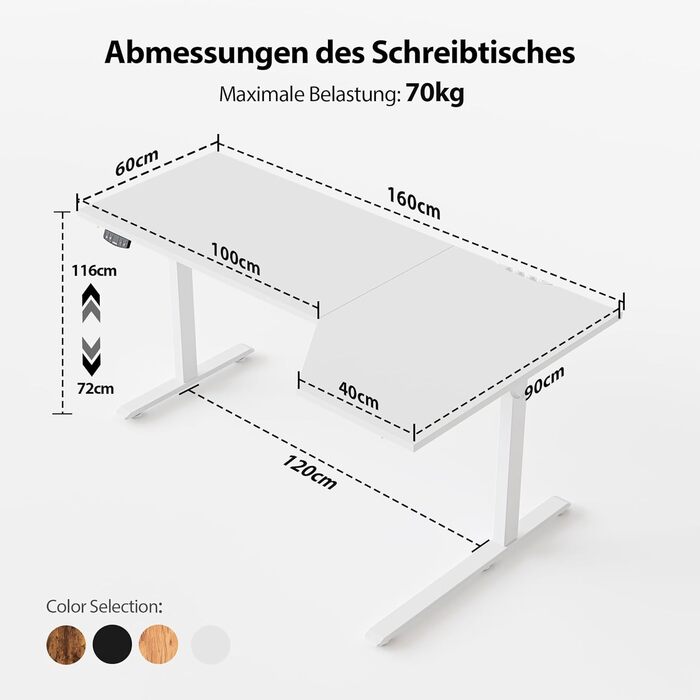 Електричний стоячий стіл Agilestic L-подібної форми 160 см, регульована висота, для дому та офісу, ергономічний стіл з роздільною панеллю, білий (160 x 90 см)