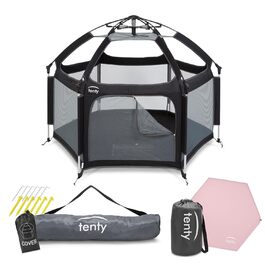 Набір дитячих манежів Tenty Baby для приміщень і вулиці - 150 x 100 см - мобільний манеж з сумкою для перенесення, УФ-дахом і килимком для підлоги - для дому, подорожей, кемпінгу - (Чорний/рожевий)
