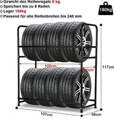 Стеляж для шин 107 x 46 x 117 см: міцна конструкція на 8 шин, регулювання висоти, вантажопідйомність 180 кг, з захисними чохлами, для гаража, підвалу, майстерні