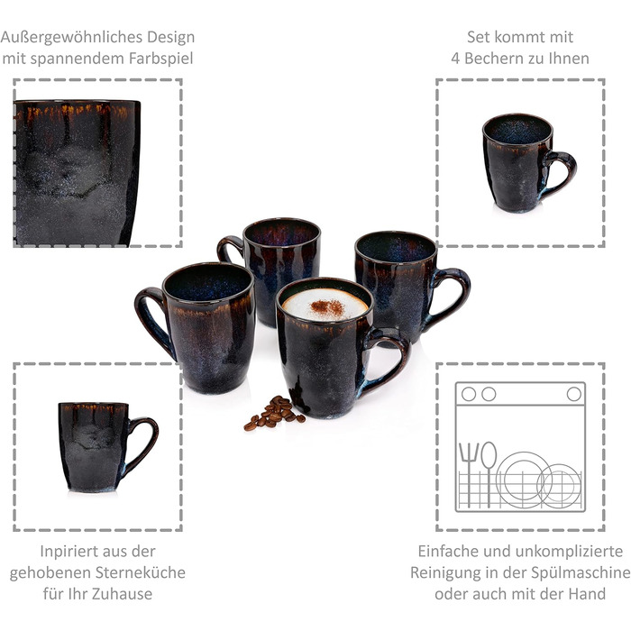 Набір посуду Sänger Tokio 24 елементи, керамічний сервіз на 8 осіб, сучасний ручної роботи, темно-синій з чорними акцентами | PREMIUM COLLECTION (кавовий набір 4 шт.)