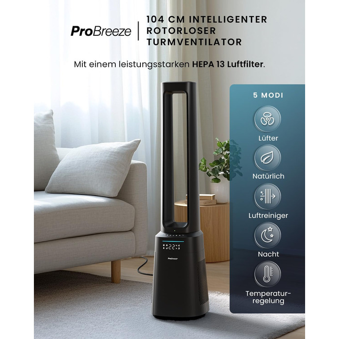 Вентилятор Pro Breeze OmniAir з очищувачем повітря, 105 см - безлопасний, осциляція 75°, пульт, HEPA 13, LED дисплей, 10 швидкостей, тихий, 5 режимів, Smart App, чорний