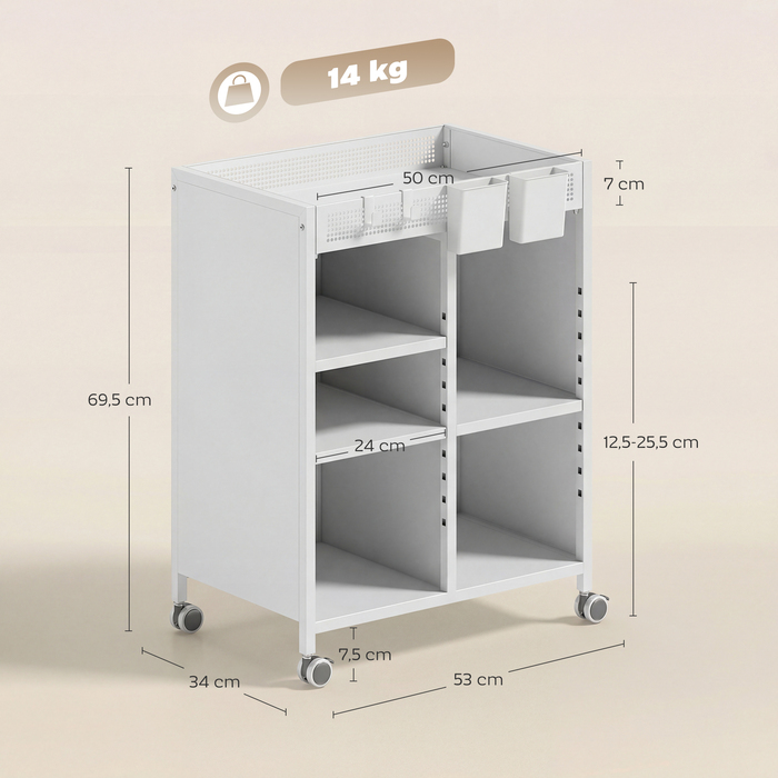 Мобильна полиця для книг на коліщатках, 4 яруси, регульовані полиці та підвісні кошики для домашнього офісу та вітальні, білий