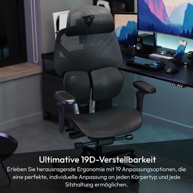 Ігровий крісло ThunderX3 Flex Pro Loft | Ергономічне крісло для офісу та геймінгу з тканини, регулювання 19D, 5D підлокітники, механіка SYNC6, дихаюче (Чорний)