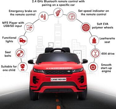 Електромобіль для дітей 12V червоний, подвійне шкіряне сидіння, MP3-плеєр з USB, 4x4, батарея 12V10Ah, EVA-колеса, запуск з ключа, Bluetooth-пульт