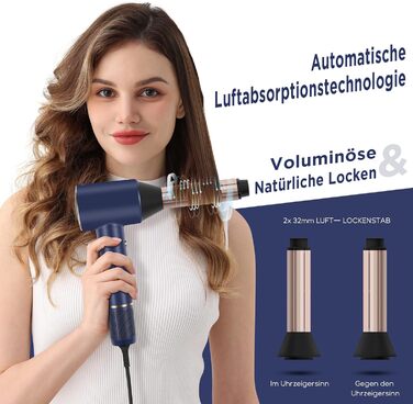 Фен для волосся PARWIN PRO BEAUTY Air-Sonic Hair Dryer, Фен з HD-LED дисплеєм, Фен з безщітковим двигуном 110 000 об/хв з низьким рівнем шуму, 2 шт. 32 мм Auto Wrap-Curler, повітряний потік 25 М/с для швидкого сушіння (прусський блакитний) Прусський Blue-