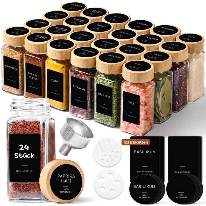 Набір баночок для спецій ComSaf 24 шт. по 120 мл з мітками, бамбуковими кришками та нержавіючим сталевим воронкою