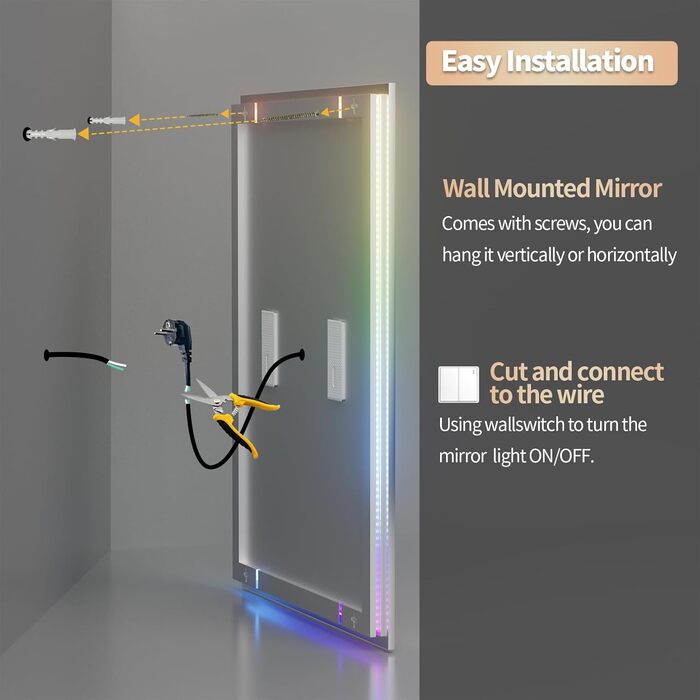 Дзеркало для ванної кімнати LED LUVODI 40x50 см з підсвічуванням, сенсорним вимикачем, 3 кольорами, протитуманне, RGB, Bluetooth, 90x70 см