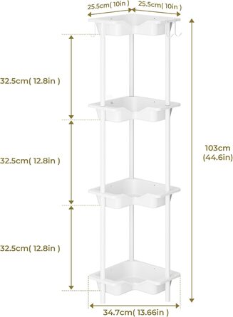 Набір душових полиць Orimade, нержавіючий, без свердління, кутова полиця з гачком, 25.5x25.5x103 см, біла, 4 шт.