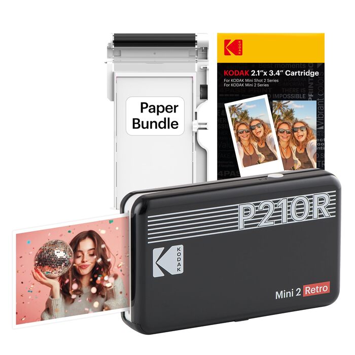 KODAK P210 Mini 2 Retro: Портативний кольоровий фотопринтер, Bluetooth, 54x86 мм, Laminierung, 6 картриджів, 38 аркушів