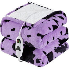 Електрична гріюча ковдра з принтом корови, повний розмір 183x213 см, фіолетова, 10 режимів нагріву, автоматичне вимкнення через 8 годин, флісова ковдра з декором гірської породи худоби, Sherpa