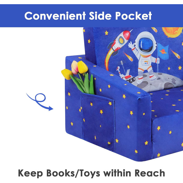 Дитяче крісло-диван 2 в 1 з тканиною, що складається, та неслизьким подушкою, для спальні, вітальні, ігрової кімнати (Астронавт)