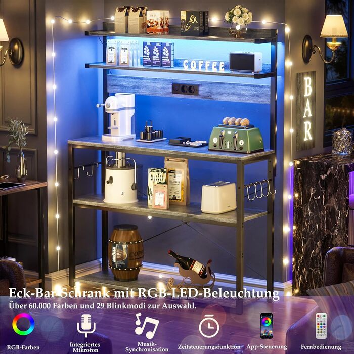 Кухонна полиця-стійка з розеткою, підставка для мікрохвильовки, 5-рівнева кавова станція з LED-підсвіткою, полиця для спецій, каструль та сковороди (80см, Білий дуб)