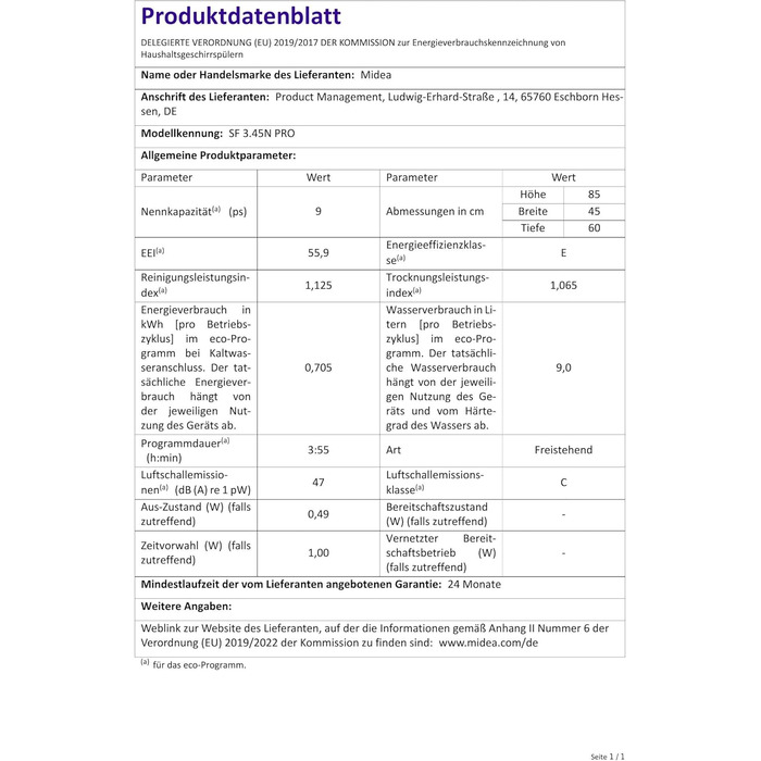 Посудомийна машина Midea SF 3.45N PRO: 9 комплектів, Inox, Wi-Fi, 47 dB, 45 см, енергоклас E