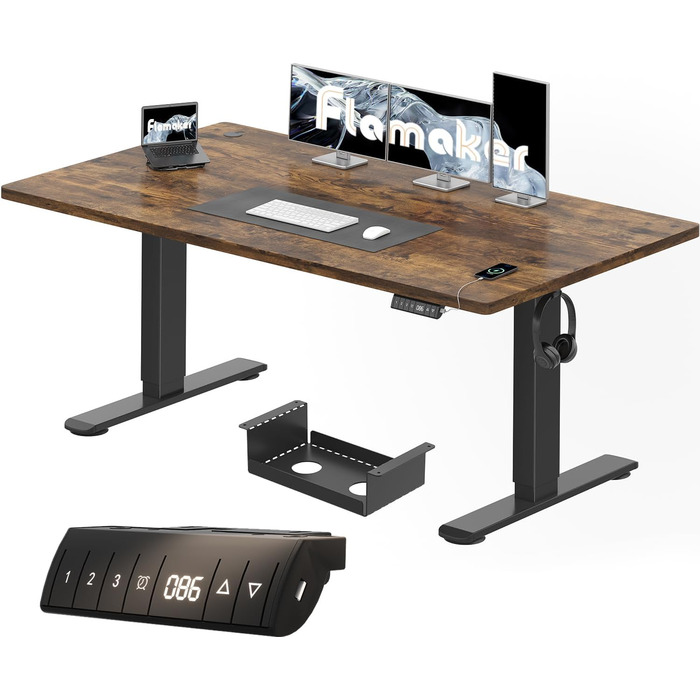 Регульований стіл Flamaker 160x80 см: електричний, з пам'яттю, для офісу, комп'ютерний, з кабелеуправлінням, коричневий вінтаж