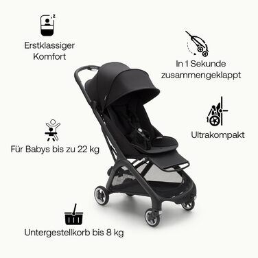 Bugaboo Butterfly: ультракомпактна коляска для подорожей, легка та зручна, складається одним рухом, ергономічна для міста, для малюків від 6 місяців, з великим об'ємом багажника (Midnight Black, Bundle)