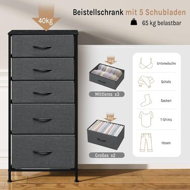Комод з 5 шухлядами WOLTU SSK004whe: стильний комод-шафка для спальні, вітальні, коридору. Металевий каркас, ДСП, чорна деревина + темно-сірий колір.