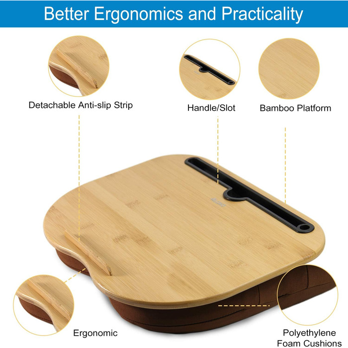 Підставка для ноутбука VLOXO з бамбука для ліжка та дивана, м'яка підкладка, ергономічне коліно, з отвором для кабелю та антиковзким покриттям, для ноутбуків/планшетів/MacBook до 14 дюймів, коричнева